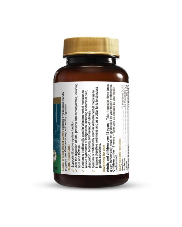 Herbs of Gold – Digest-Zymes right view of a 60 capsule bottle