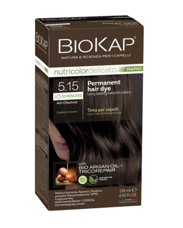 BioKap Nutricolor Delicato RAPID Permanent Hair Dye 5.15 Ash Chestnut in a 135 ml package.