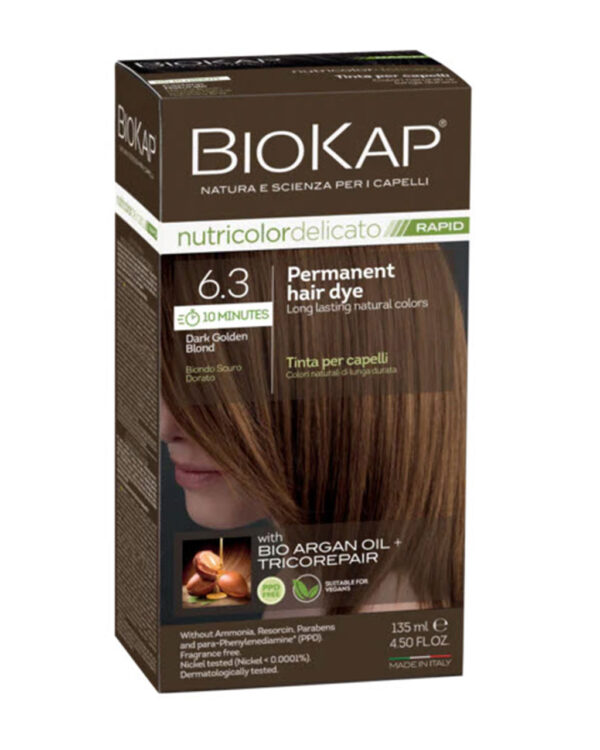 BioKap Nutricolor Delicato RAPID Permanent Hair Dye 6.3 Dark Golden Blond in a 135 ml package.