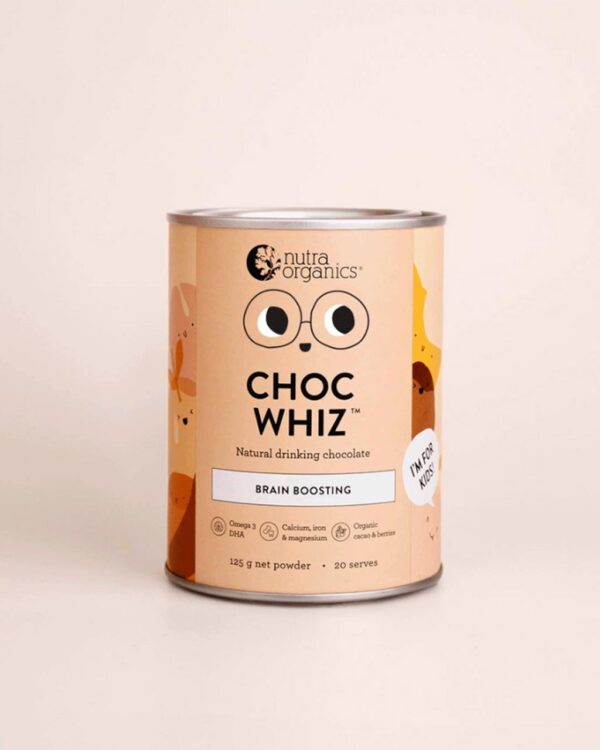 A can of Nutra Organics Choc Whiz natural drinking chocolate for kids in a 125g size container