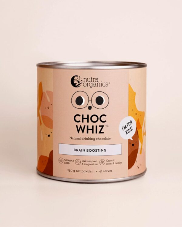 A can of Nutra Organics Choc Whiz natural drinking chocolate for kids in a 250g size container